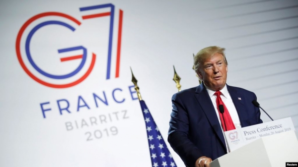 도널드 트럼프 미국 대통령이 26일 G7 정상회담이 열리고 있는 프랑스 파리에서 기자회견을 했다.