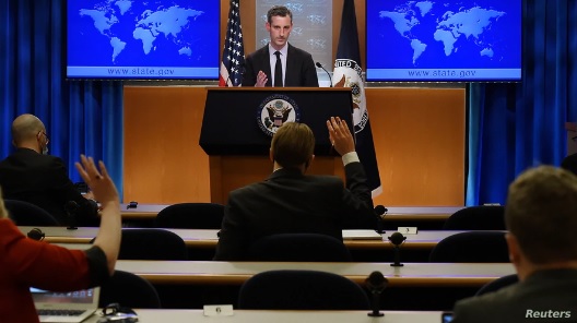 네드 프라이스 미국 국무부 대변인이 9일 워싱턴 국무부 청사에서 기자회견을 했다.