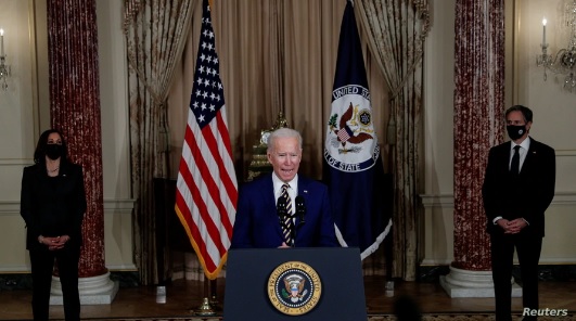 조 바이든 대통령이 지난 4일 워싱턴 국무부 청사에서 미국의 대외 정책에 대해 연설했다.