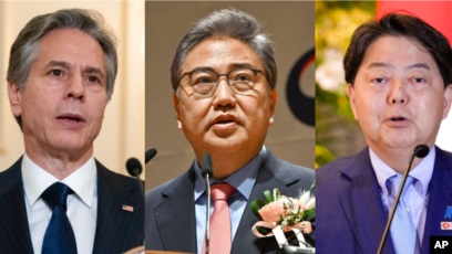 토니 블링컨(사진 왼쪽부터) 미 국무장관과 박진 한국 외교장관, 하야시 요시마사 일본 외무상.